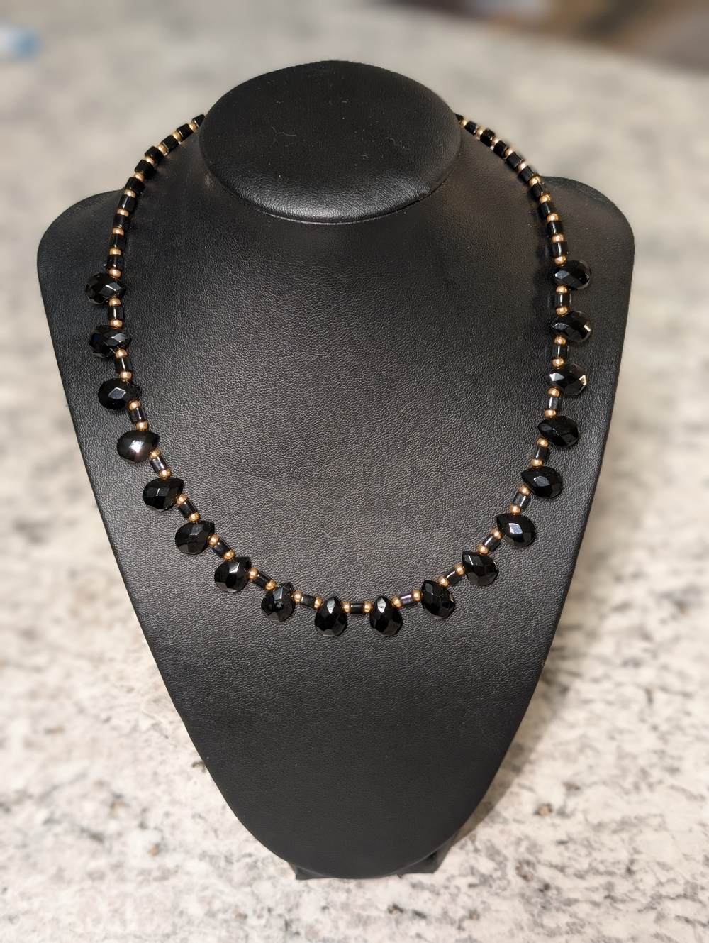 Black Faceted Bead Necklace with Gold Accent Beads - Women Jewelry